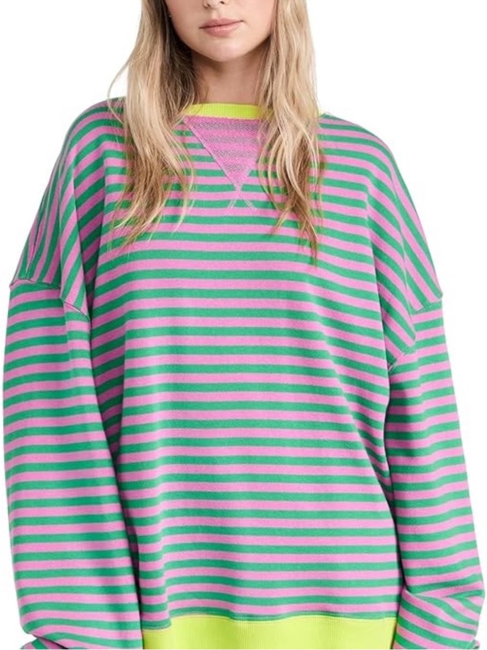 Women's Free People Pink and Green Striped oversized Sweatshirt with neon trim